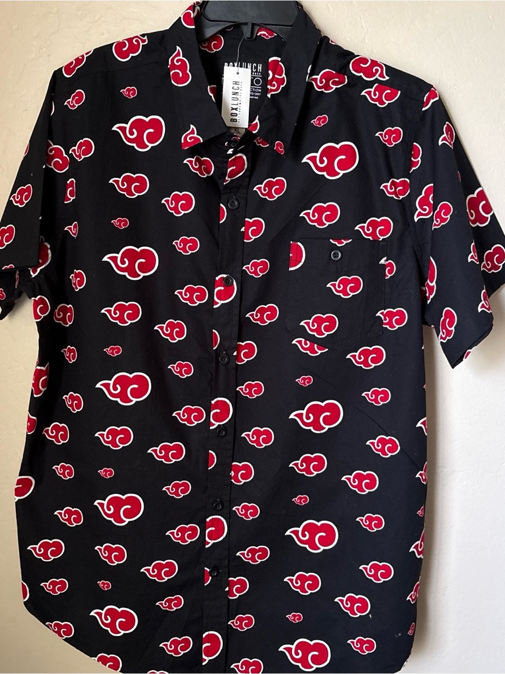 Men's Black Short-Sleeve Button-Up Shirt with Red Cloud Print Anime